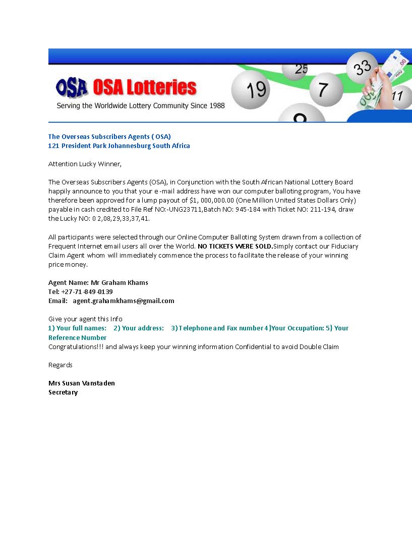 South African National Lottery Board Uses OSA Name in Scam